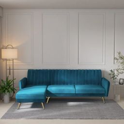 casacraft from pepperfry Fidel Velvet RHS Sectional Sofa (3 + Lounger) in Teal Blue Colour-picture-46