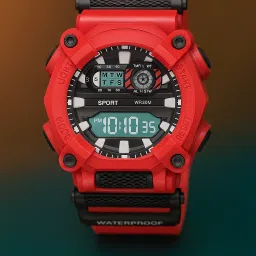 Multi Function Working Premium Quality LED Luminous Light For Mens & Boys Digital Watch - For Men HL-1040-Red Shockproof Silicone Strap Hybrid Round Dial Sports Chronograph-5