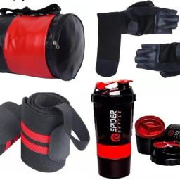 (black&red) gym bag with spider bottle with wrist support & gym gloves Home Gym Kit Gym & Fitness Kit Fitness Accessory Kit Kit-28