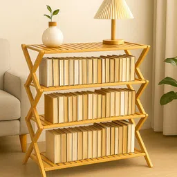 krishyam ® Multipurpose Wooden Bamboo Rack – Foldable Bookshelf & Shoe Organizer Bamboo Open Book Shelf-picture-0