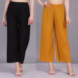 Pack of 2 Women Regular Fit Black, Yellow Viscose Rayon Trousers-image-23