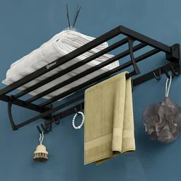 grivan Modern Foldable Towel Rack | Holder | Stand | Shelf With Hooks And Hanger Black Matte Towel Holder-picture-28