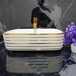 Premium Designer Table Top Counter Top Golden Wash Basin Gold Ceramic Wash Basin L-4004(L41 X W31.5 X H13.5Cm) Very Stylish Bathroom Golden Ceramic Wash Basin Table Top Basin-image-98