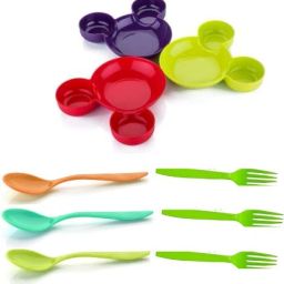 Cute Cartoon Plastic Plate Snack Serving Plate with free spoon and fork Mickey Mouse Shape Plates for Kids, Baby Cartoon Plate Best for Kids Gift (Multi-Color) Set of 3 pics Sectioned Plate Sectioned Plate ( Dinner Plate-11
