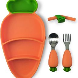Carrot Design Silicone Feeding Plate with Spoon Fork & Straw for Toddler - Silicone-28