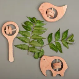 Neem Wood Trio, Whale & Elephant Rattle Set Safe Natural Baby Teething Toys Rattle-image-50