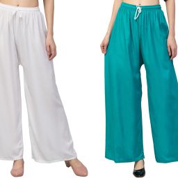 Pack of 2 Women Flared White, Light Blue Viscose Rayon Trousers-image-44
