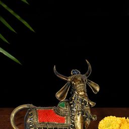 SHREE KALA HOME DECOR Bronze & Red Hindu Mythology Spiritual Brass Nandi Idol-image-36