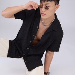 VASTRADO Men Classic Cuban Collar Textured Oversized Casual Shirt-image-79