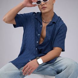 VASTRADO Men Classic Cuban Collar Textured Oversized Casual Shirt-image-17
