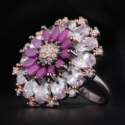 Priyaasi Purple Silver-Plated AD Studded Handcrafted Floral Adjustable Finger Ring-image-46