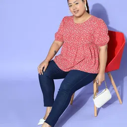 Berrylush Curve Floral Print Puff Sleeve Peplum Top-image-31
