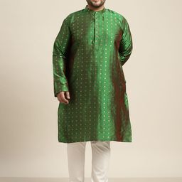 SOJANYA PLUS Men Plus Size Green & Golden Geometric Jacquard Kurta-6