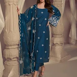 Inddus Floral Embroidered Regular Thread Work Pure Silk Kurta with Trousers & With Dupatta-picture-5