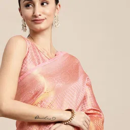 VAIRAGEE Peach-Coloured & Golden Ethnic Motifs Woven Pure Silk Kanjeevaram Saree-55