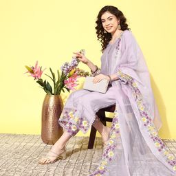 Kvsfab Women Floral Embroidered Regular Sequinned Kurta with Trousers & With Dupatta-picture-31