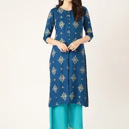 RANGMAYEE Women Blue & Golden Ethnic Printed Kurta with Palazzos-picture-17