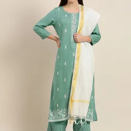 Vishudh Women Sea Green Ethnic Motifs Printed Kurta with Palazzos & Dupatta-57