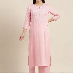 Vishudh Women Pink Floral Printed Pure Cotton Kurta with Palazzos-image-82