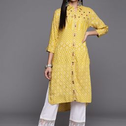 Varanga Women Yellow & Off White Bandhani Printed Mirror Work Pathani Kurta-image-33
