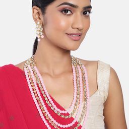 Peora Pink & Gold-Plated Beaded Multi-Strand Long Traditional Jewellery Set-image-60
