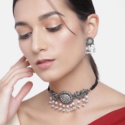 Kord Store Silver-Plated & White Oxidized Beaded Choker Jewellery Set-image-52