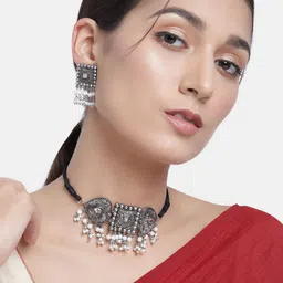 Kord Store Silver-Plated & White Oxidized Beaded Choker Jewellery Set-17