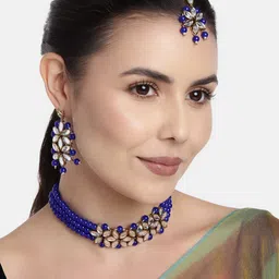 I Jewels Blue Beaded Kundan-Studded Gold-Plated Choker Jewellery Set-17