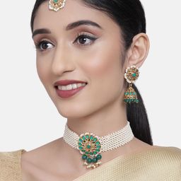 Zaveri Pearls Green & White Gold-Plated Pearl Studded  Jewellery Set-image-60
