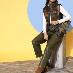 SASSAFRAS Women Green & Beige Camouflage Print Mock Collar Sleeveless Quilted Jacket-26