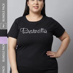 UnaOne Pack Of 2 Plus Size Typography Printed Pure Cotton Slim Fit T-shirt-image-24