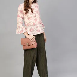 AASI - HOUSE OF NAYO Women Off-White & Pink Printed Pure Cotton Top-image-7