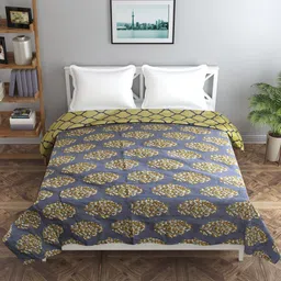 Trance home Linen Damask Mustard Yellow 210 GSM Pure Cotton Reversible Double Bed Size Dohar-image-49