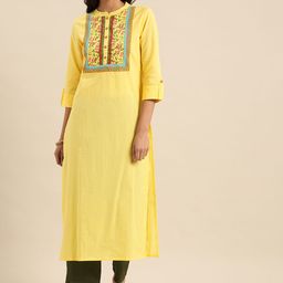 Varanga Women Yellow Solid Roll-Up Sleeves Kurta With Floral Printed Detailing-image-36