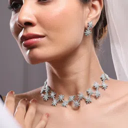 Rubans Rhodium-Plated Cubic Zirconia Studded Snowflake Necklace & Earrings Set-44