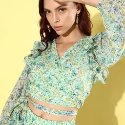 ANVI Be Yourself Green & White Printed V-Neck Ruffled Puff Sleeves Top With Palazzo-32