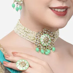 Zaveri Pearls Gold-Plated White & Green Kundan-Studded & Pearl Beaded Jewellery Set-image-71