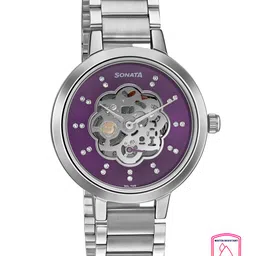 Sonata Women Purple Brass Skeleton Dial & Silver Toned Bracelet Style Straps Analogue Watch 8141SM13-54