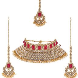 Zaveri Pearls Pink Gold-Plated Kundan & Pearls Studded Jewellery Set-image-15