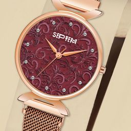 Septem Women Maroon Embellished Dial & Rose Gold Toned Stainless Steel Bracelet Style Straps Analogue Watch-image-59