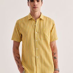 Red Flame Vertical Striped Spread Collar Cotton Linen Casual Shirt-image-73