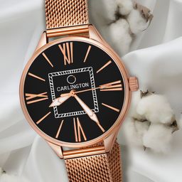 CARLINGTON Women Black Dial & Rose Gold Toned Stainless Steel Bracelet Style Straps Analogue Watch-image-40