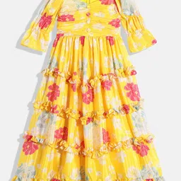 Ethnovog Floral Print Bell Sleeve Ruffled Maxi Dress-image-53