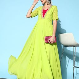 Inddus Green & Pink Ethnic Motifs Embroidered Georgette Maxi Dress-30
