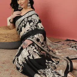 Sangria Ethnic Motifs Printed Satin Saree With Unstitched Blouse Piece-picture-1