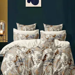 Cortina Beige & Blue Printed 144 TC Queen Bedsheet with 2 Pillow Covers-image-95