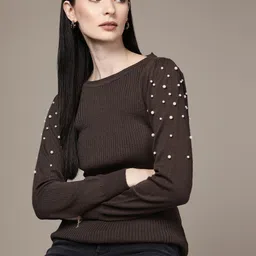 bebe Women Chocolate Brown All Day Ribbed Sweater with Embellished Detail-image-91