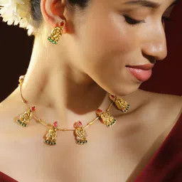 Rubans 18K Gold-Plated Ruby & Emerald Studded Peacock & Floral Motifs Temple Necklace Set-6