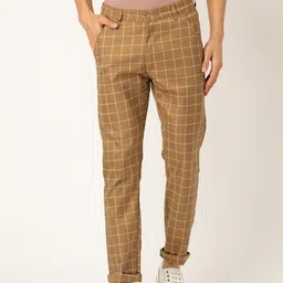 SOJANYA Men Brown & Off-White Smart Fit Checked Regular Trousers-image-80