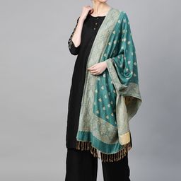 WEAVERS VILLA Women Green & Beige Woven Design Tasselled Stole-23
